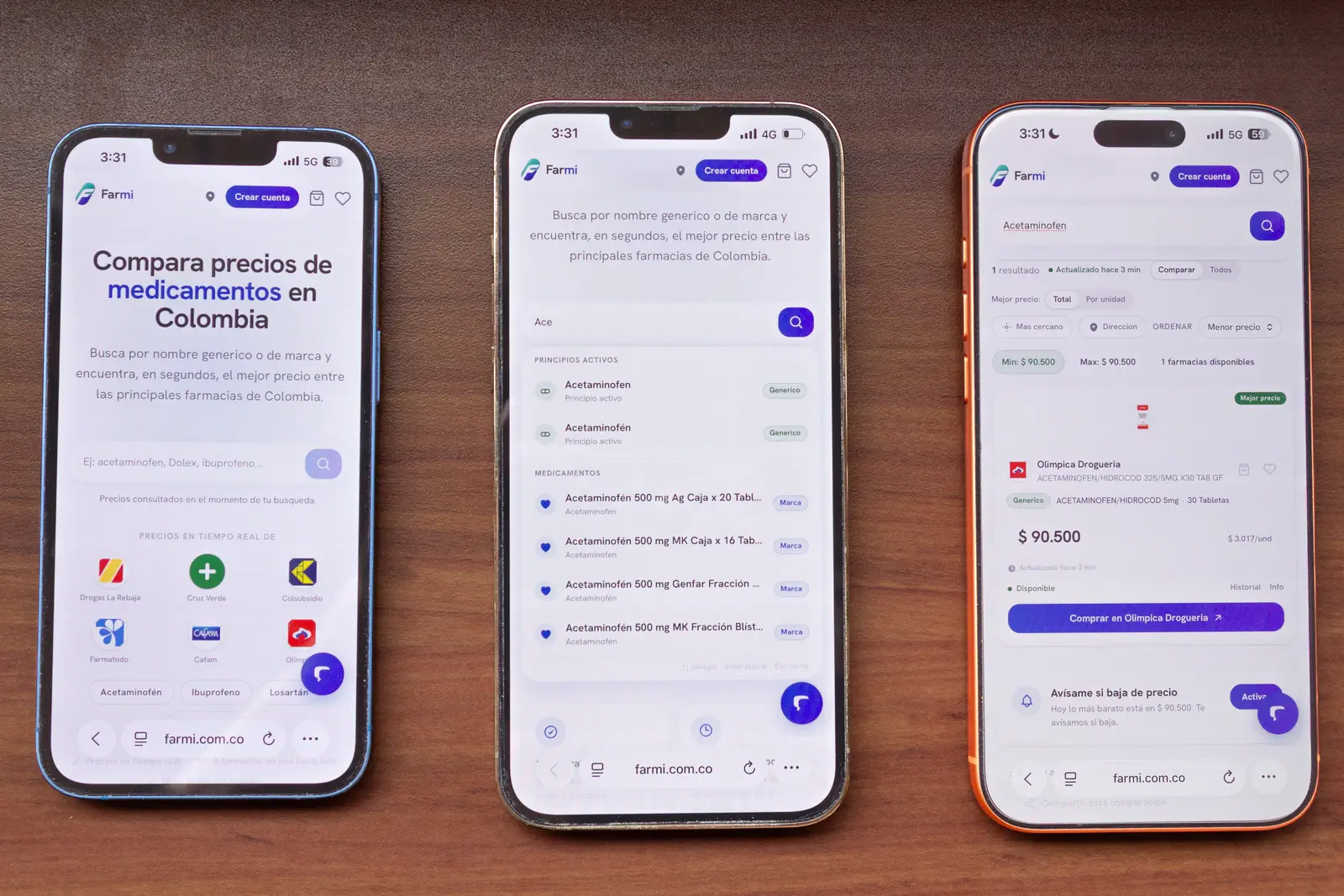 Tres celulares mostrando los pasos de Farmi: buscar el medicamento, comparar precios y comprar en la farmacia